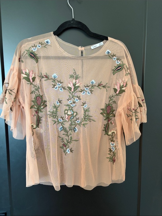 Dex Tops - Dex Peach Mesh Embroidered Floral Ruffle Sleeve Blouse